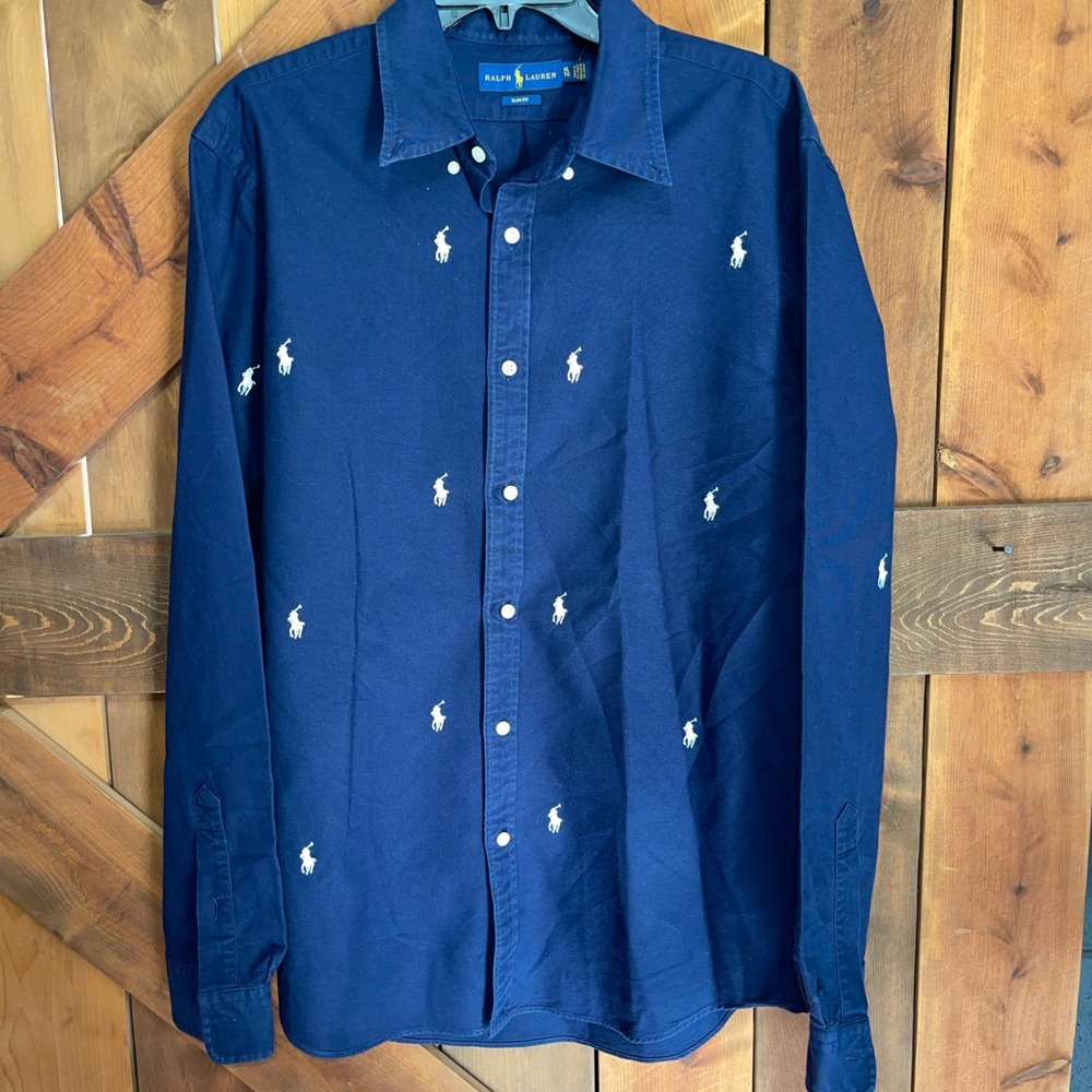 Ralph Lauren Men Slim Fit Navy All Over Pony Logo Button Down Shirt